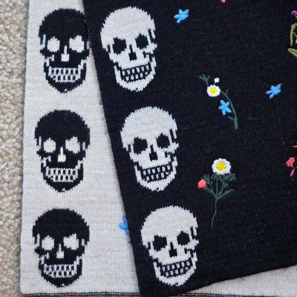 Skull Cashmere Embroidered Wool/Cashmere Scarf Skulls and Flowers - Picture 11 of 16